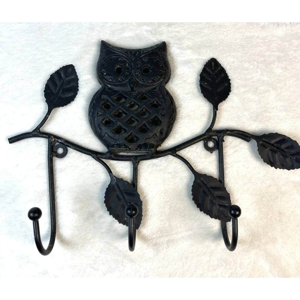 VTG Cast Iron Owl on Branch 3-Hook Wall Rack 9.5